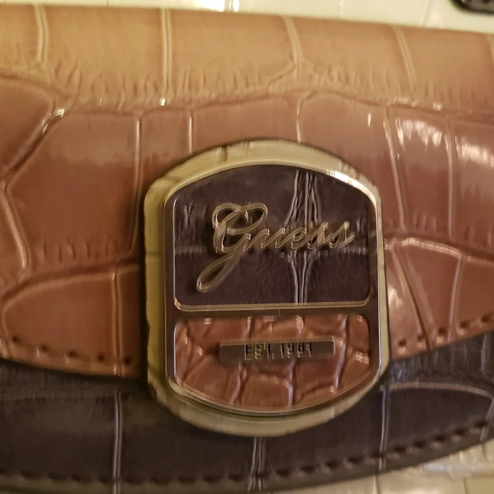 Guess Croc-Embossed Satchel in Pink Gray and Cream